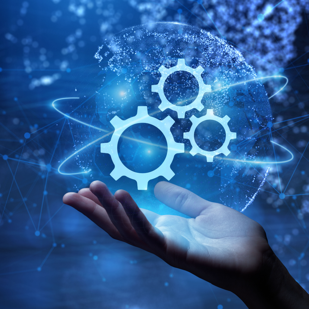 Hand holding and led earth, displaying smart automation software to streamline workflows and improve productivity